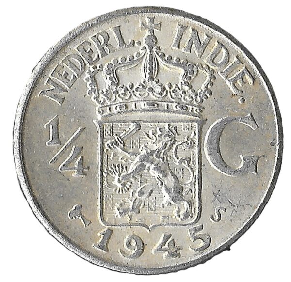 Netherlands East Indies. 1945. ¼ Gulden large type, narrow rims. Silver (.720). XF. 3.22g. KM319. C220. RI.8