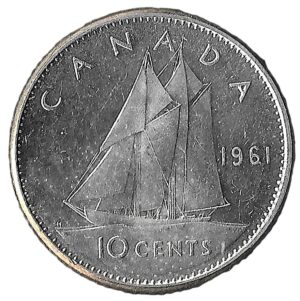 Canada. 1961. 10 Cents - Elizabeth II 1st portrait. Silver (.800). AU. 2.35g. KM51. C236. RI.4