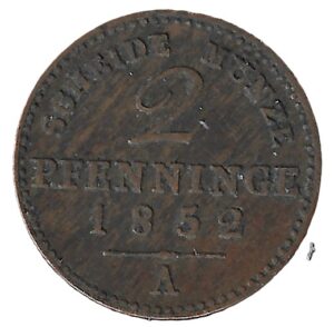 Germany. Prussia. 1852. 2 Pfennigs - Frederick William IV. Copper. VF. 3.01g. KM452. C263. RI.12