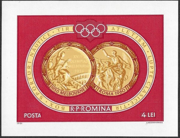 Romania. 1961 Olympic Games - Melbourne 1956 & Rome 1960 - Romanian Gold Medal Winners. 4L. MNH. Mi Block 50