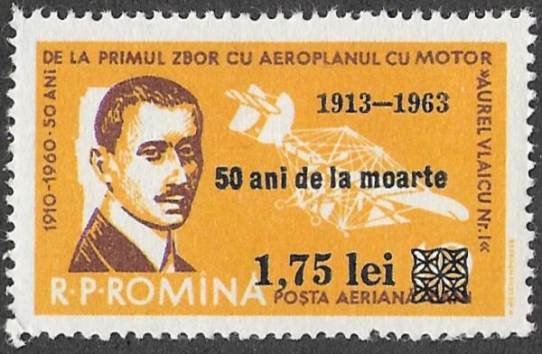 Romania. 1963 Airmail. The 50th Anniversary of the Death of Aurel Vlaicu(1882-1913). 10L. MNH. Mi2175
