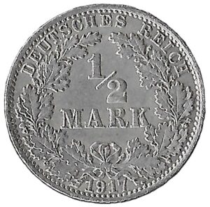 Germany. 1917. ½ Mark - Wilhelm II type 2 - small shield. Silver (.900). 2.77g. XF. KM17. C376. RI.5