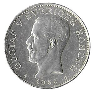 Sweden. 1933. 1 Krona - Gustaf V. Silver (.800). 7.53g. AU. KM786. C379. RI.7