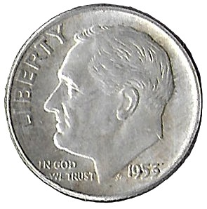 USA. 1953. 1 Dime "Roosevelt Silver Dime". Silver (.900). 2.46g. VF. KM195. C383. RI.3