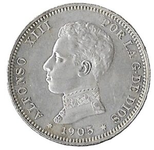 Spain. 1905. 2 Pesetas - Alfonso XIII 4th portrait. Silver (.835). 9.99g. Unc. KM725. C367. RI.21