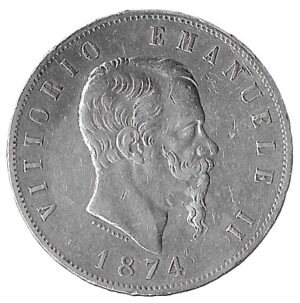 Italy. 1874. 5 Lire - Victor Emmanuel II. Silver (.9005). 25.005g. Au. KM8. C371. RI.7