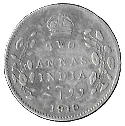 India. 1910. 2 Annas - Edward VII. Silver (.917). 1.42g. VF. KM505. C385. RI.13