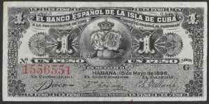 Cuba. 1896. 1 peso. AU. P77. B38. RI.26