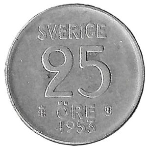 Sweden. 1953. 25 Öre - Gustaf VI Adolf. Billon. 2.29g. VF. C421. RI.5