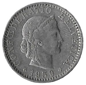Switzerland. 1959. 20 Rappen Libertas. 3.98g. Copper-Nickel. XF. C429. RI.2