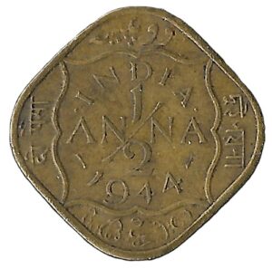 British India. 1944. ½ Anna - George VI. 2.96g. Nickel Brass. VF. C424. RI.6