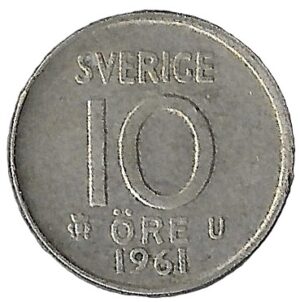Sweden. 1961. 10 Öre. Silver (.400). 1.47g. VF. C4021. RI.5