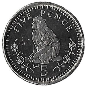 Gibraltar. 1996. 5 Pence - Elizabeth II Barbary Macaque. 3.30g. Copper-Nickel. Unc. C475. RI.8