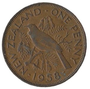 New Zealand. 1958. 1 Penny - Elizabeth II 1st portrait. 9.51g. Bronze. VF. C504. RI.6