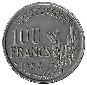 France. 1954. 100 francs. 6.03g. Copper-Nickel. XF. C513. RI.3