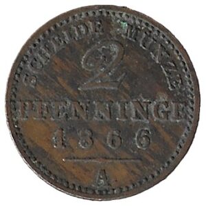 Germany. Prussia. 1866. 2 Pfennigs - William I. 2.93g. Copper. VF. C489. RI.11