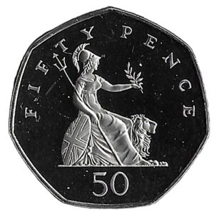 United Kingsom. 1990. 50 Pence - Elizabeth II 3rd portrait; large type. 13.67g. Copper-Nickel. Unc. C536. RI.5