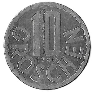 Austria. 1980. 10 Groschen. 1.08g. Aluminium. XF. C554. RI.2