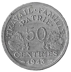 France. 1943. 50 Centimes Vichy French State; light type. 0.68g. Aluminium. XF. C546. RI.4
