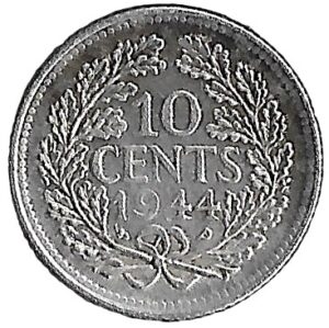 Netherlands. 1944. 10 Cents - Wilhelmina. P acorn. 1.35g. Silver (.640). XF. C607. RI.4