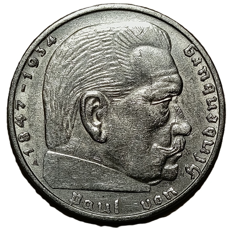 Germany. 1938. 2 Reichsmark Paul von Hindenburg. A. 7.94g. Silver .625. Au. C637. RI.4