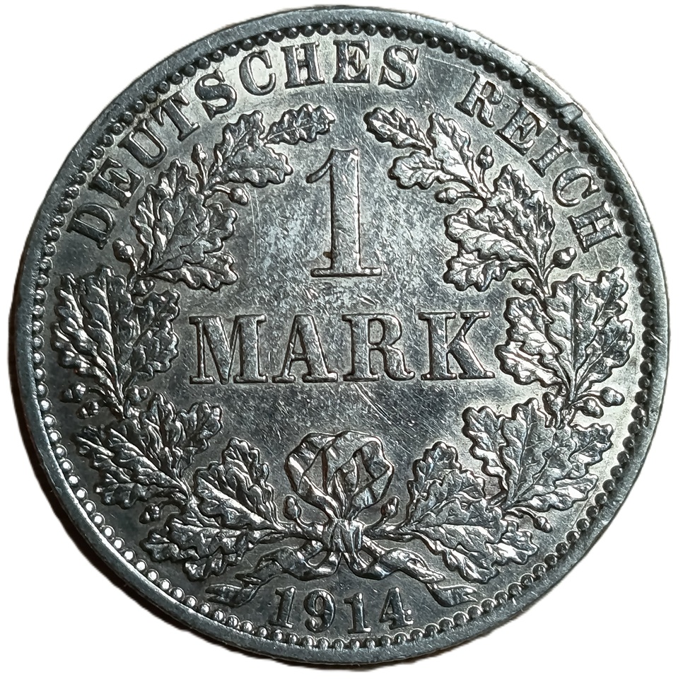 Germany. 1914. 1 Mark - Wilhelm II type 2 - small shield. 5.57g. Silver .900. XF. C649. RI.5