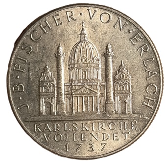 Austria. 1937. 2 Schillings St. Karl Churchs. 12.06g. Silver .640. AU. C665. RI.19