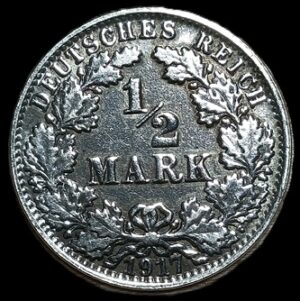 Germany. 1917. ½ Mark type 2 - small shield. A. 2.79g. Silver .900. Unc. C707. RI.4