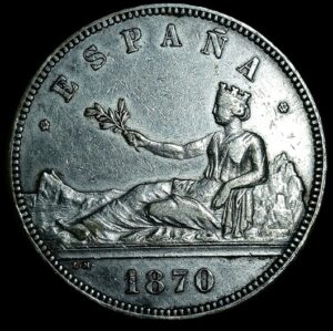 Spain. 1870. 5 Pesetas - Provisional Government. 24.95g. Silver .900. XF. C710. RI.10
