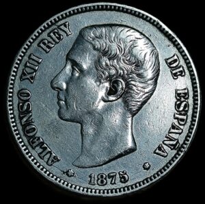 Spain. 1875. 5 Pesetas - Alfonso XII 1st portrait. 24.84g. Silver .900. AU. C711. RI.11