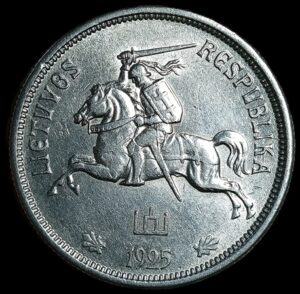 Lithuania. 1925. 5 Litai. 13.49g. Silver .500. AU. C712. RI.16