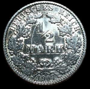 Germany. 1907. ½ Mark type 2 - small shield. E. 2.73g. Silver .900. AU. C708. RI.4