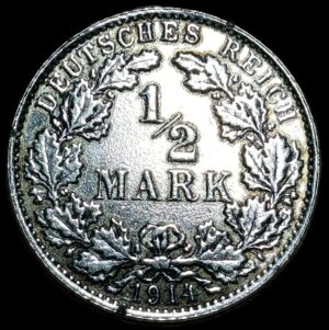 Germany. 1914. ½ Mark type 2 - small shield. A. 2.80g. Silver .900. Unc. C709. RI.4