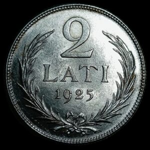 Latvia. 1925. 2 Lati. 10.02g. Silver .835. Unc. C702. RI.9