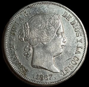 Spain. 1867. 2 Escudos - Isabella II. 25.76g. Silver .900. XF. C728. RI.65