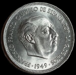 Spain. 1950. 5 Pesetas - Francisco Franco. 14.88g. Nickel. Unc. C730. RI.6