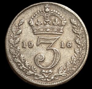United Kingdom. 1916. 3 Pence - George V 1st issue. Silver .925. 1.36g. VF. C765. RI.4