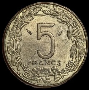 Central African States. 19795. 5 Francs CFA. Aluminium Bronze. 3.0g. XF. C777. RI.6