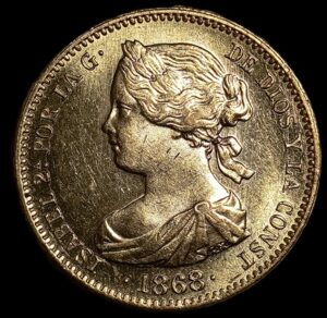 Spain. 1868 (1873). 10 Escudos - Isabella II. Gold .900. 8.47g. Au. C781. RI.56