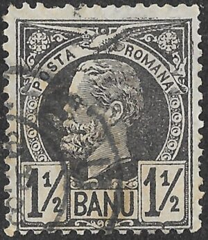 Romania. 1885. Kingdom of Romania - King Karl I. First Kingdom Definitive Issue. 1 1/2 Bani. Black. Mi57 | Perf. L13½ × 13½. Cancelled. S97