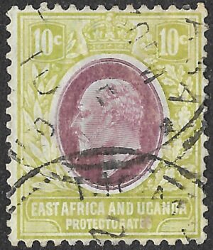 East Africa & Uganda Protectorates. 1907. King Edward VII - Value in C(ents). 10c. Lilac and Pale Olive. SG 37. Cancelled. S71