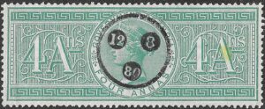 British India — Government of India — 4 Annas Country / Administration: British India Issuer: Government of India Type: Revenue / Fiscal — Foreign Papers Monarch: Queen Victoria Denomination: 4 Annas Colour: Green Period: Victorian issue, 19th century Perforation: 14½ Watermark: Large Crown & INDIA — confirmed Printing: Engraved / recess printed Use: Fiscal / Revenue Condition: Used — fiscally cancelled Cancellation: Circular dated fiscal cancellation 12 AUG 1880 (12 / 8 / 80), centrally struck. Grade: F–VF / approaching VF, Fiscal Used Condition notes: Attractive fresh green colour; very good centering for the issue; design and portrait clear; perforations substantially complete. Minor age-related staining/adhesion on reverse, particularly at upper centre, with a small yellow spot at left. No significant thinning, tear or crease apparent from the scans. Catalogue: Specialized Indian Revenue / Foreign Papers issue. Scott: Not listed as a regular postage stamp. SG: Not listed in the standard India postage sequence. Watermark and perf: confirmed Large Crown & INDIA, Perf 14½. Estimated market value: €15 Collection status: KEEP Investment score: 2/5 Collection-quality score: 4/5 Catalog note: Attractive Victorian Government of India fiscal stamp with unusually neat and clearly dated 12 August 1880 cancellation. A strong representative example of the early British Indian revenue system.