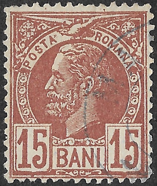 Romania. 1887. Kingdom of Romania - King Karl I. First Kingdom Definitive Issue. 15 Bani. Red-Brown on Brownish Paper. Mi66. Perf. L13½ × 13½. Cancelled. S100