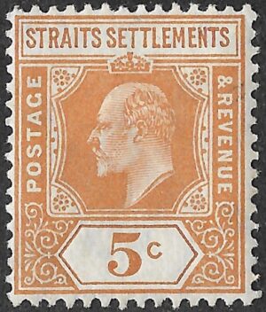 Straits Settlement. 1909. King Edward VIII. 5c. Orange. SG 157. MH. No 22