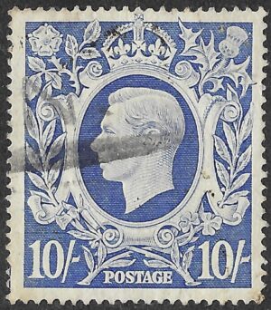 Great Britain. 1939-1942. King George VI – High Values. 10 Shillings. Blue (Dark Blue / Ultramarine – not confirmed). Scott251 / 251a – exact shade to confirm. Used. F-VF