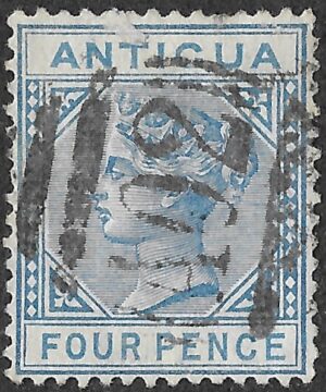 Antigua. 1882. Queen Victoria. Scott 15. 4d Blue. Crown CA. Used. F-VF heavy A02 cancel