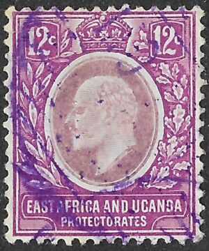 East Africa & Uganda Protectorates. 1907. King Edward VII - Value in C(ents). 12c. Dull Red and Bright Purple. SG 38. Cancelled. S72