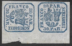 Romania. 1864. Principality of Romania - Plateprint. 30c. Blue. 90° Kehrdruck (Tête-bêche) Pair. Mi 10 II x Kb. MH. S77
