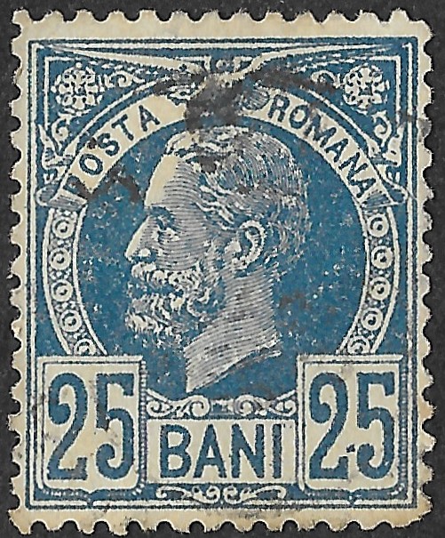 Romania. 1887. Kingdom of Romania - King Karl I. First Kingdom Definitive Issue. 25 Bani. Blue on Yellowish Paper. Mi68. Perf. L13½ × 13½. Cancelled. S101