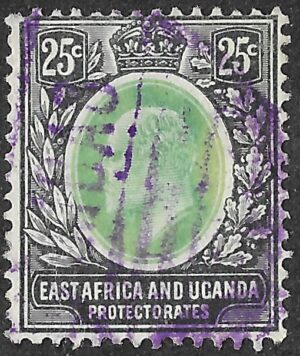 East Africa & Uganda Protectorates. 1907. King Edward VII - Value in C(ents). 25c. Grey Green and Black. SG 40. Cancelled. S73